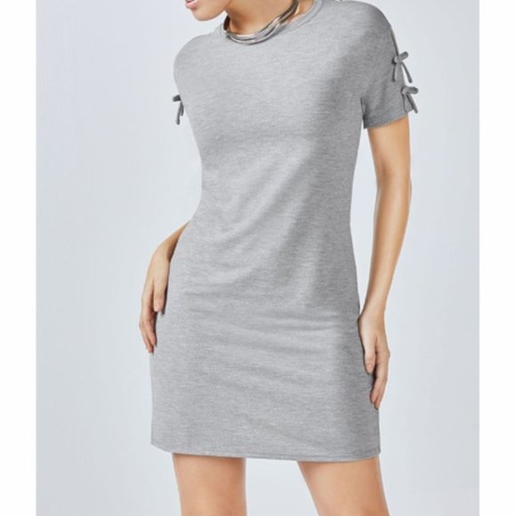 Fabletics Grey Yani Mini Dress Size Medium Tie Bow Sleeve Tshirt Dress - Picture 1 of 5